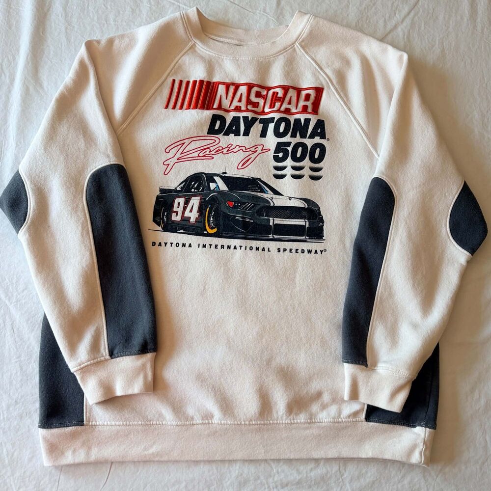 NASCAR Daytona 500 Sweatshirt Mens XL Cream Grey Colorblock Racing Crewneck